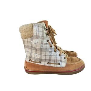 Sperry Topslider Aklin Sequin and Corduroy high top lace up plaid boot size 9.5
